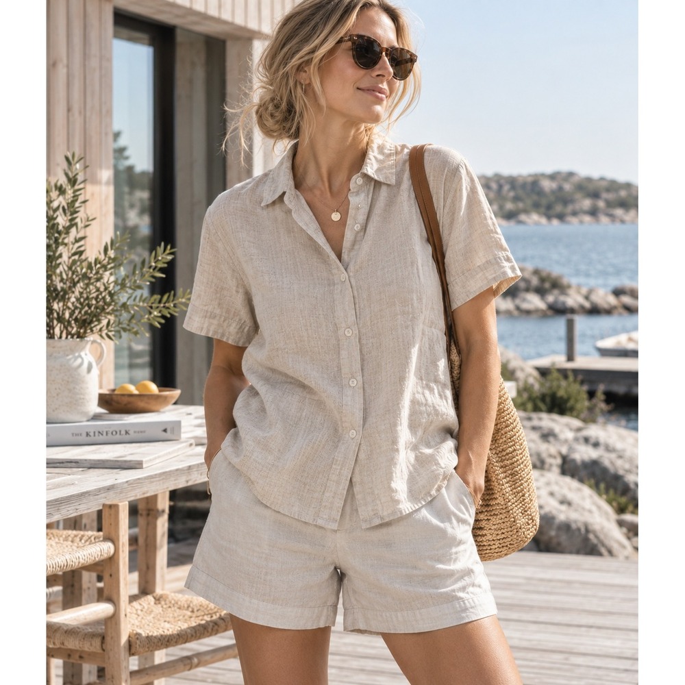 Quince Women 100% European Flax Linen Short Sleeve Button Down Shirt Beige XS